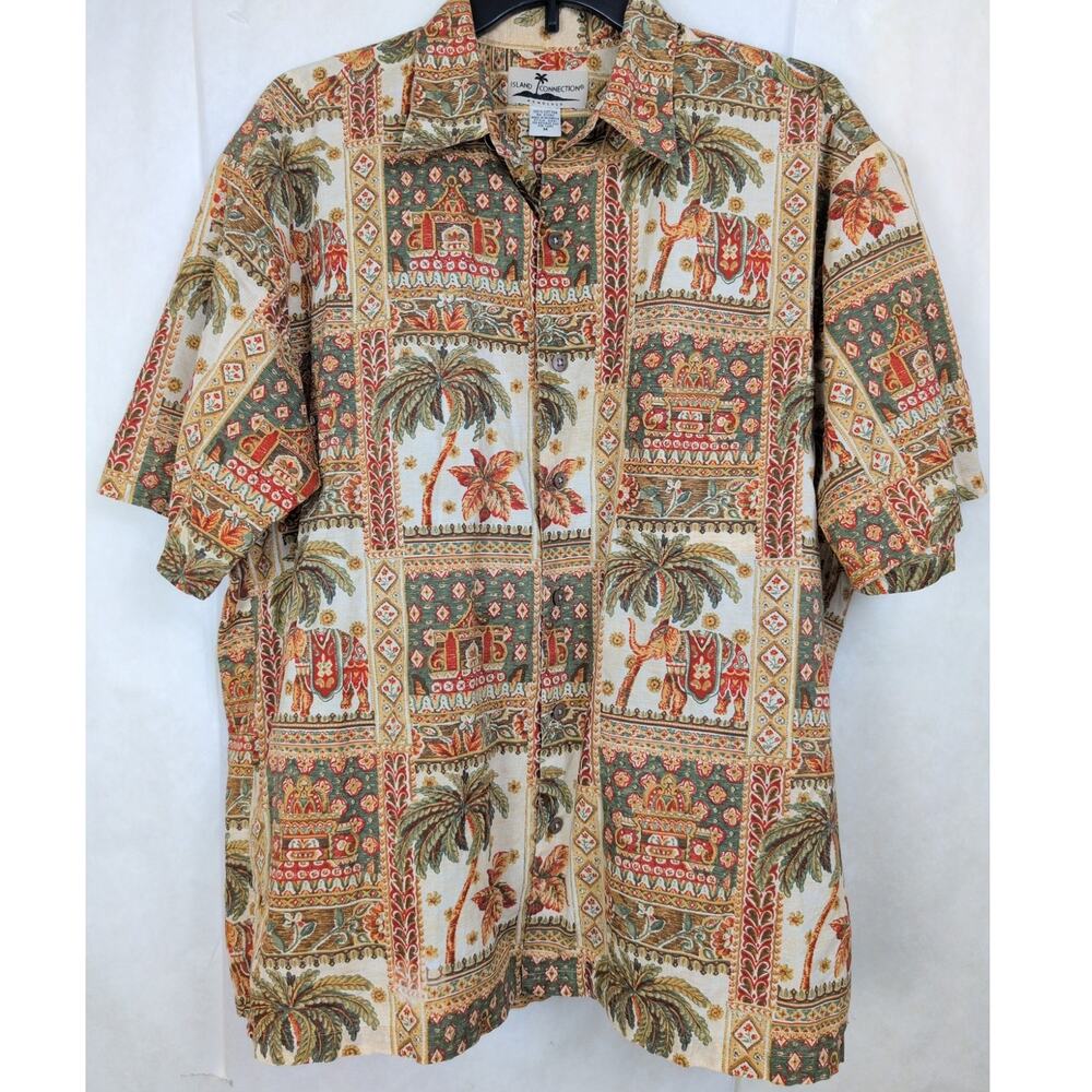 Vintage Island Connection brown elephant tropical button up top Size Med Retro